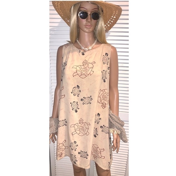 Vintage Peppermint Bay Turtle Rayon dress with net open coverup sweater Large - Picture 5 of 11